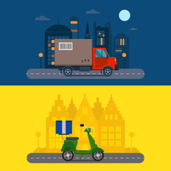 Delivery transport cargo logistic truck and scooter shipping vector illustration.