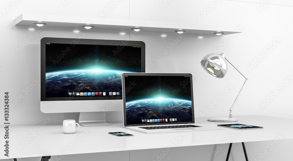 Poster modern white desk interior with computer and devices 3d renderin