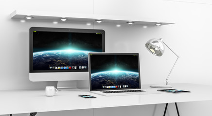 Modern white desk interior with computer and devices 3D renderin