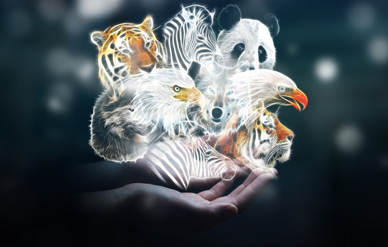 Person holding fractal endangered animal illustration 3D renderi