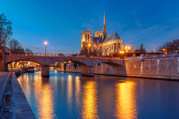 Fototapeta na wymiar Cathedral of Notre Dame de Paris and bridge Pont de l'Archeveche, Archbishop's Bridge, as seen from Quai de la Tournelle during evening blue hour, Paris, France