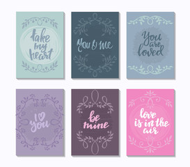Collection of romantic and love cards with hand drawn elements