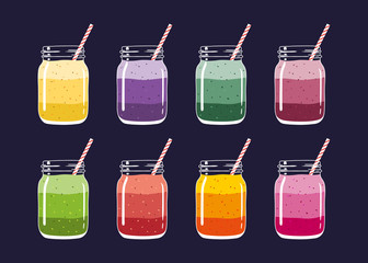 Set of 8 different colorful layered smoothies in mason jars with striped straws. Fresh natural healthy fruit and berry drinks, isolated. Vector hand drawn illustration eps10. - 133325321