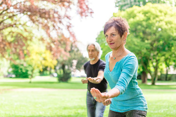 Senior Couple Doing Tai Chi In Park, Tuebingen, Germany