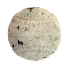 Old, scuffed and stained softball. Isolated.