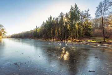 Frozen lake landscape in Zselic National Landscape Protection Area, Hungary, Europe