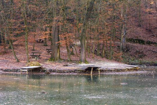 Frozen lake landscape in Zselic National Landscape Protection Area, Hungary, Europe