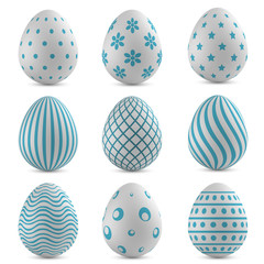 Easter eggs vector set with blue patterns.