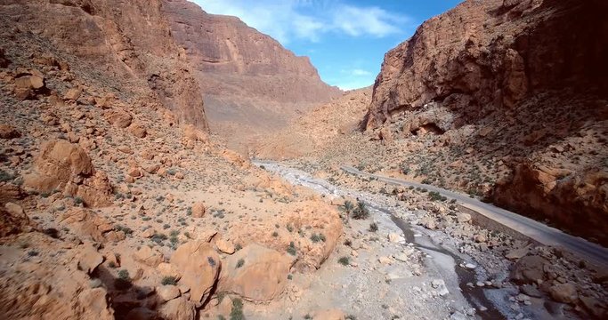 Aerial, Gorges Du Todra, Todra Gorge, Morocco. Graded and stabilized version. Watch also for the native material, straight out of the camera.
