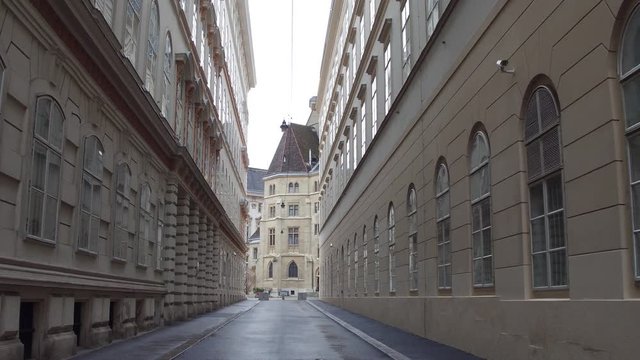 Steadicam walk through narrow pedestrian street in Vienna, Austria. 4K video
