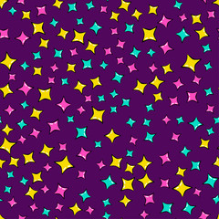 Obraz premium Abstract seamless pattern for girls, boys, clothes. Creative vector background with stars, pillow on multicolored background.Funny wallpaper for textile and fabric. Fashion style. Colorful bright.