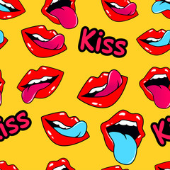 Obraz premium Female lips. Mouth with a kiss, smile, tongue, teeth and kiss me lettering on background. Vector comic seamless pattern in pop art retro style. Abstract seamless pattern for girls, boys, clothes.