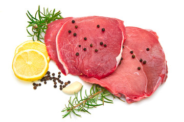 raw sliced beef white background