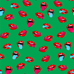 Female lips. Mouth with a kiss, smile, tongue, teeth and kiss me lettering on background. Vector comic seamless pattern in pop art retro style. Abstract seamless pattern for girls, boys, clothes.