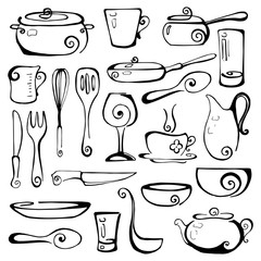 Set of hand drawn cookware. Vector illustration.