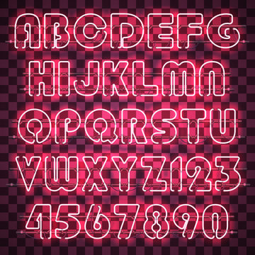 Glowing pink neon alphabet with letters from A to Z and digits from 0 to 9. Glowing neon effect. Every letter is separate unit with wires, tubes and holders and can be combined with other.