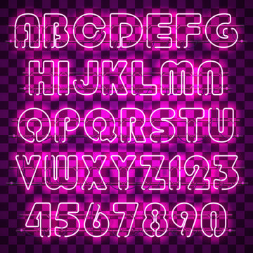 Glowing purple alphabet with letters from A to Z and digits from 0 to 9. Glowing neon effect. Every letter is separate unit with wires, tubes and holders and can be combined with other.