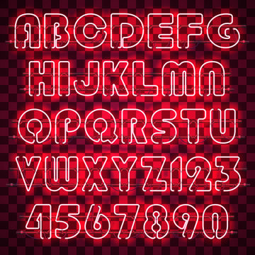 Glowing red alphabet with letters from A to Z and digits from 0 to 9. Glowing neon effect. Every letter is separate unit with wires, tubes and holders and can be combined with other.
