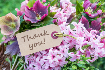 Thank you / English greeting card with hyacinths and the text: Thank you