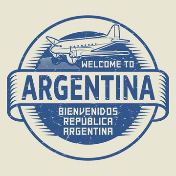 Stamp or tag with airplane and text Welcome to Argentina,