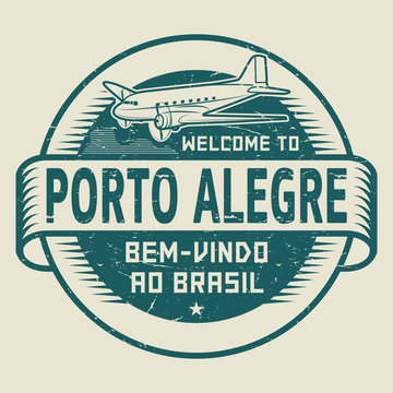 Stamp or tag with airplane text Welcome to Porto Alegre, Brazil