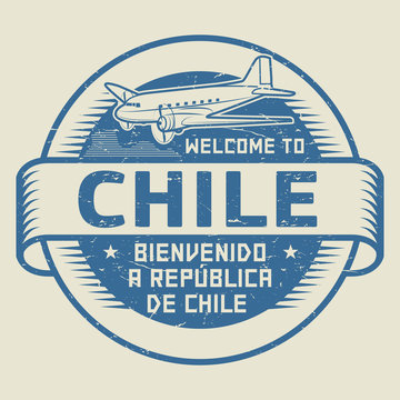 Stamp or tag with airplane and text Welcome to Chile