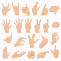 Realistic human hands icons and symbols set. Emoji hand icons. Different gestures, hands, signals and signs emotions vector illustration.