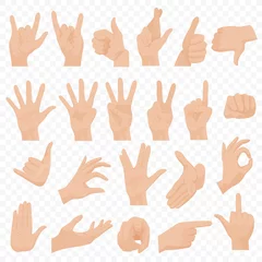 Fotobehang Realistic human hands icons and symbols set. Emoji hand icons. Different gestures, hands, signals and signs emotions vector illustration. © lembergvector