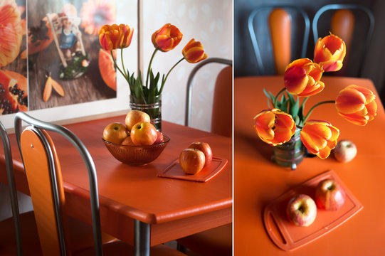 Оранжевый натюрморт с тюльпанами и яблоками