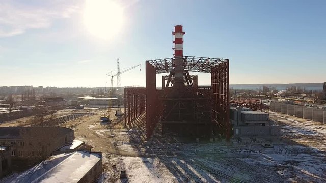 Aerial shot of Voronezh. Heat power station near Voronezh reservoir. Russia. 4K