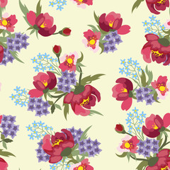 Seamless floral pattern on yellow background.
