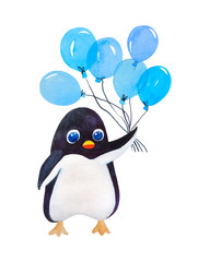 Cute cartoon penguin with blue balloon isolated on white, in watercolor.