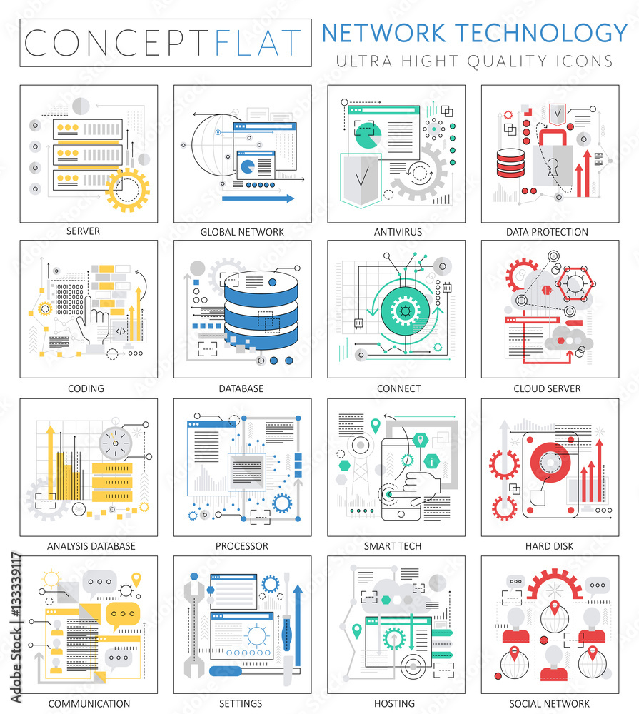 Poster Infographics mini concept Network technology icons for web. Premium quality design web graphics icons elements. Network technology concepts.