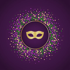 Mardi Gras holiday background. Round dotted frame with golden glitter mask. Vector template suitable for greeting cards, invitations, posters, prints. EPS10.