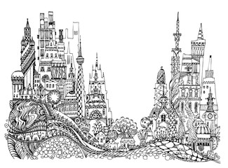 Modern city illustration with a lots of detailed buildings and trees