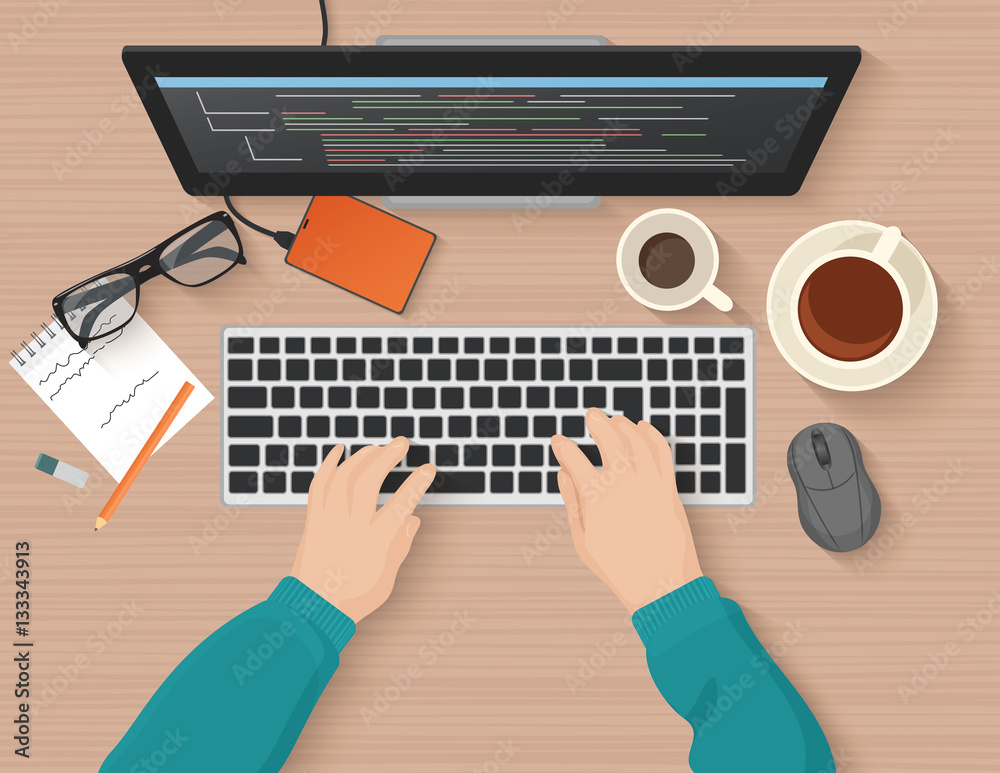 Leinwandbilder Developer working at computer. Programmer hands coding. Programming flat illustration concept. Vector top view.