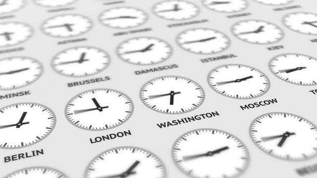 Round clocks are going and showing different time for different cities around the world. Time in capitals in different time zones. Geopolitics concept. Looped black-and-white video