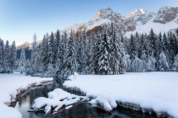 Fototapeta na wymiar Winter landscape and winter forest near Antholz Lake, South Tirol, The Dolomites Alps, Italy. 
