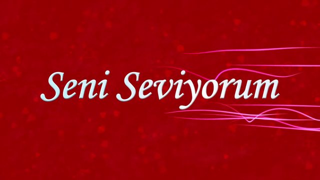 "I Love You" text in Turkish "Seni Seviyorum" formed from dust and turns to dust horizontally with moving stripes on red animated background
