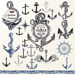 Anchors, labels for logotype or print design in vintage style. H © Mary fleur