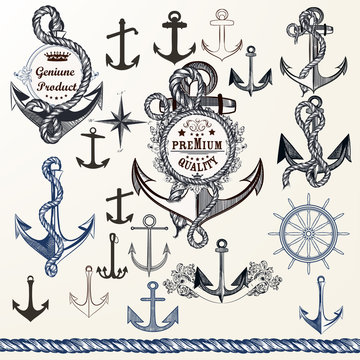 Anchors, labels for logotype or print design in vintage style. H
