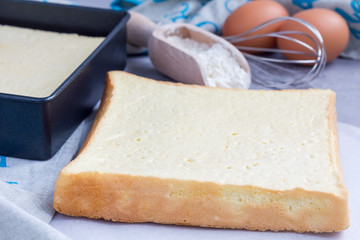 Homemade freshly baked square sponge cake, ingredients on background, horizontal