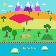 Flat design nature landscape illustration with sun, hills ,clouds,mountain,ducks,camp.