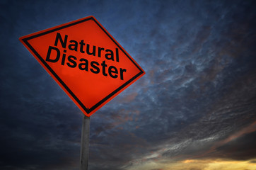 Orange storm road sign of Natural Disaster