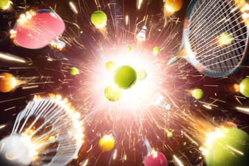 Fototapeta premium Tennis, ping pong and badminton with fire sparks in action