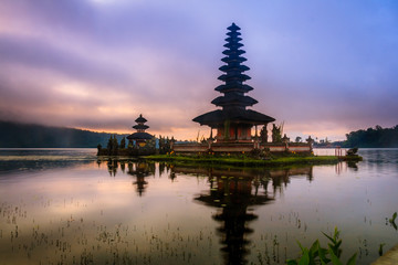 View of mountain, lake and a temple in Bali Indonesia