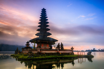 View of mountain, lake and a temple in Bali Indonesia