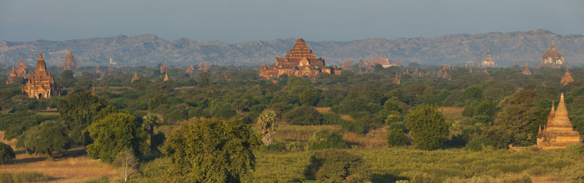 Panorama of all the temples in Bagan, Myanmar at sunrise 