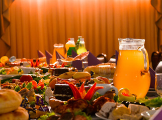 Wedding table with food during the Georgian wedding. Batumi.