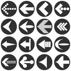 White arrow heads icon set isolated on gray and white background. The flat design 16 arrows point the left direction - Eps10 vector graphics and illustration